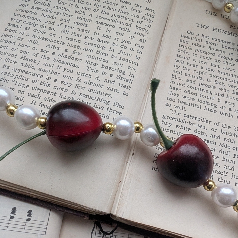 Faux Pearl and Red Cherry Bead Necklace - Picture 4 of 9